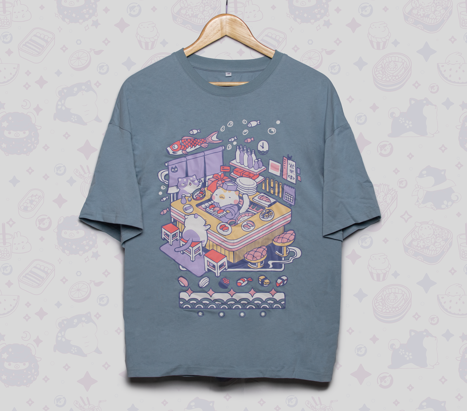 Cat Sushi Restaurant Oversized Drop-shoulder T-shirt