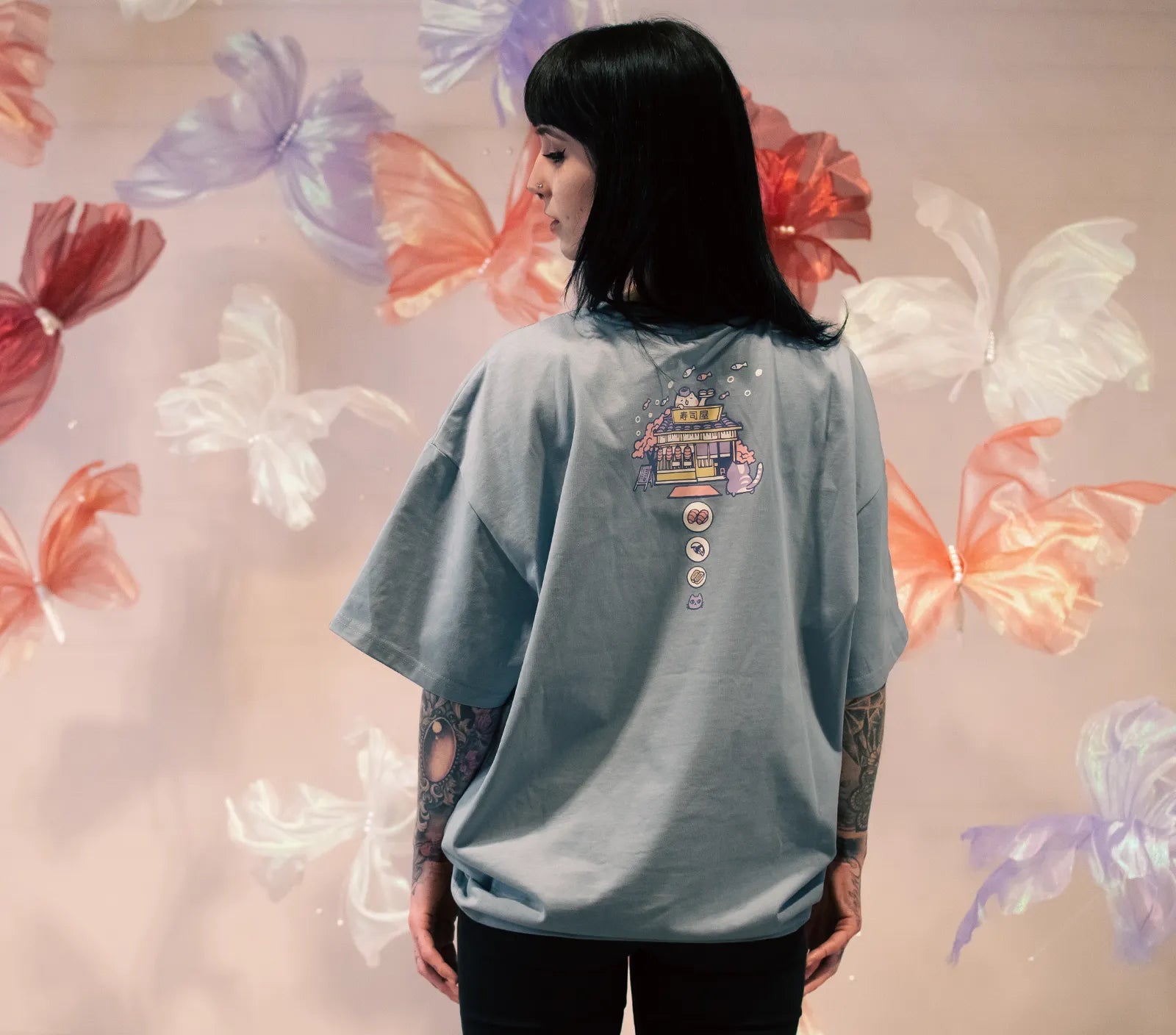 Cat Sushi Restaurant Oversized Drop-shoulder T-shirt
