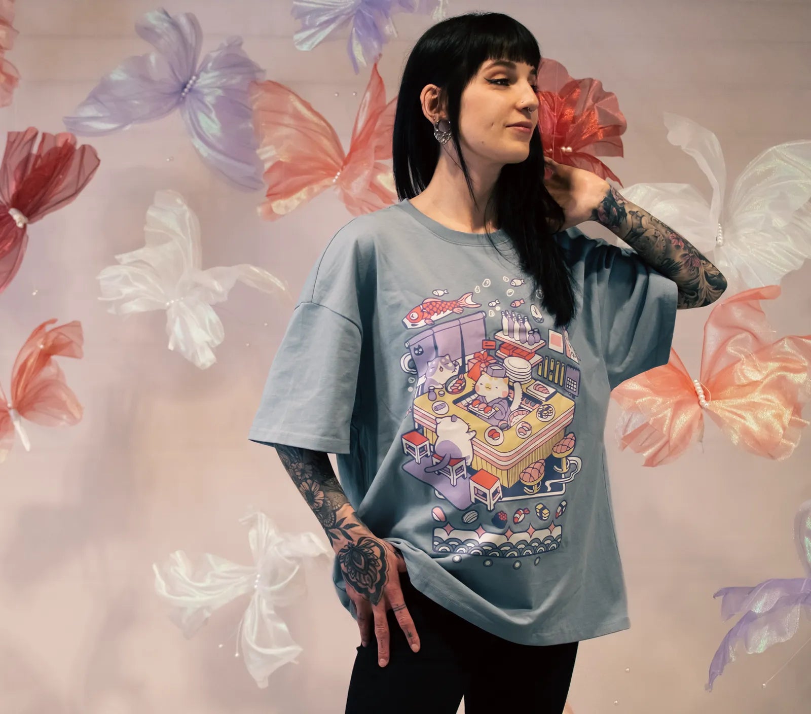 Cat Sushi Restaurant Oversized Drop-shoulder T-shirt